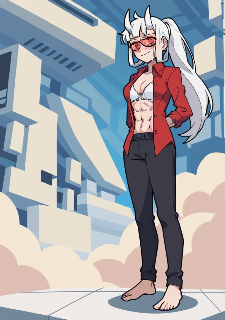 score_8_up, score_7_up, anime screenshot, looking at viewer, clouds
1girl, loremaster (helltaker), horns, long hair, ponytail, white hair, red-tinted eyewear, red shirt, formal, black pants, 
standing, looking at viewer, arms behind back, laboratory, Open clothes, unbuttoned shirt, white bra, medium chest, abs, bare belly,unbuttoned trousers, full length, (blushes 1.5), bare feet