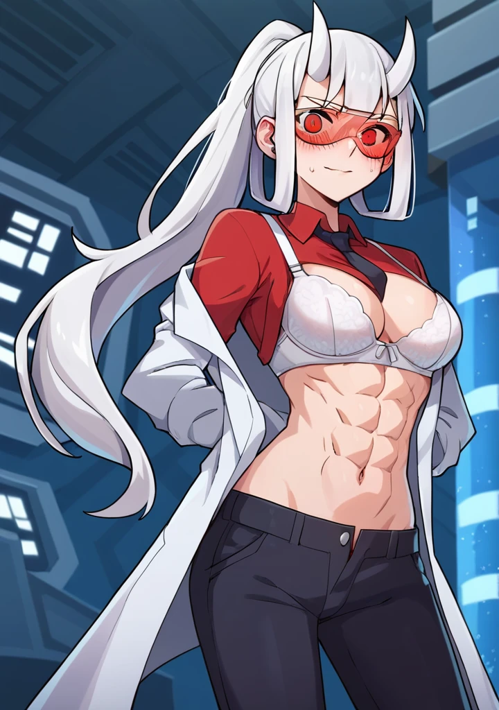 score_8_up, score_7_up, anime screenshot, looking at viewer, clouds
1girl, loremaster (helltaker), horns, long hair, ponytail, white hair, red-tinted eyewear, red shirt, formal, black pants, 
standing, looking at viewer, arms behind back, laboratory, Open clothes, unbuttoned shirt, white bra, medium chest, abs, bare belly,unbuttoned trousers, full length, (blushes 1.5), bare feet