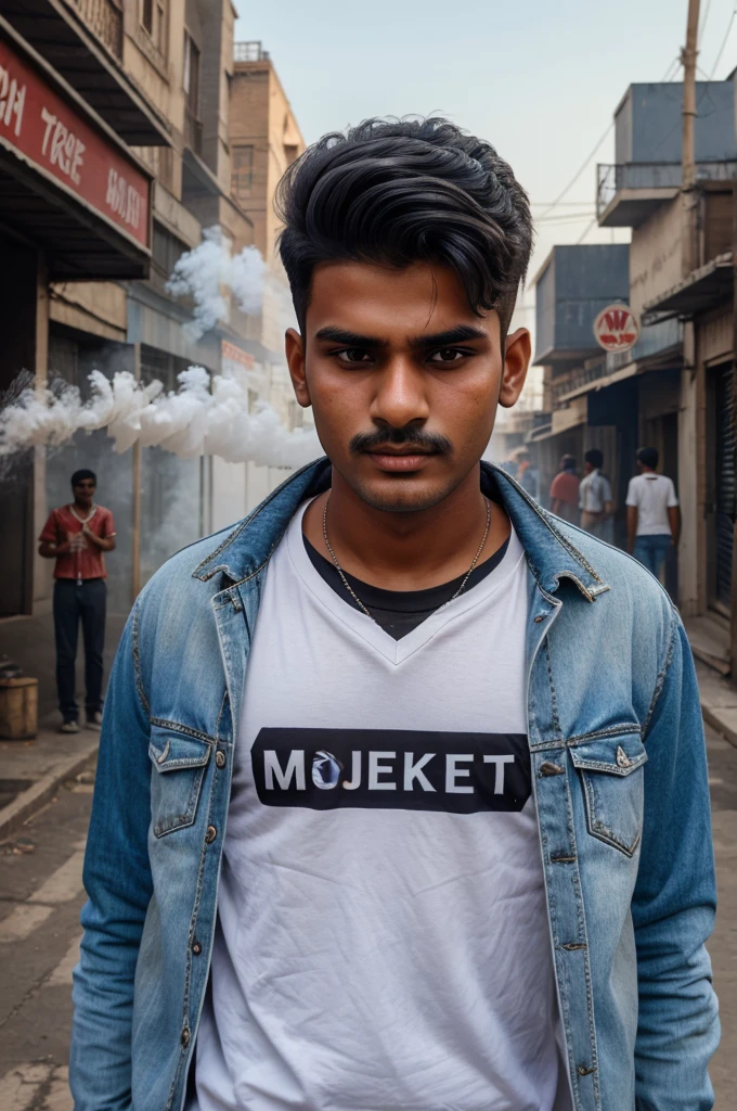 create a 3D image of a ager wearing a back jacket that says mohit yadav smoking with cigarette smoke artificially forming a name