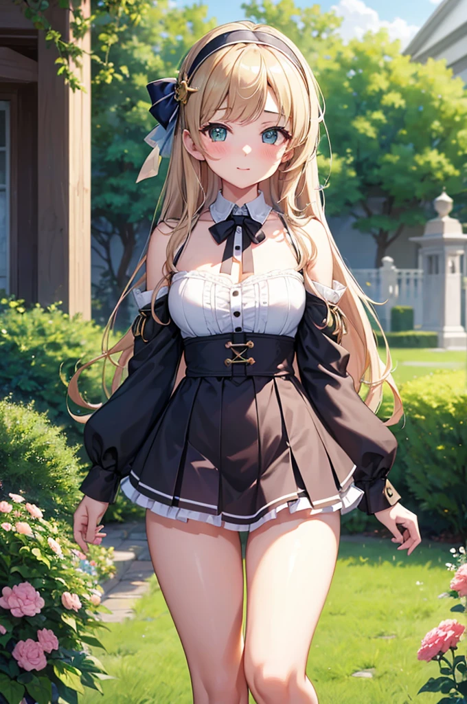 Highly detailed, high quality, masterpiece, beautiful, (all photographic shot), girl student girl, Kotori Minami character, perfect eyes, pretty eyes, clear eyes, blushing face, happy face, big thighs, with headband, medium chest, long hair, sexy, short skirt, shows full panties, background image in a garden