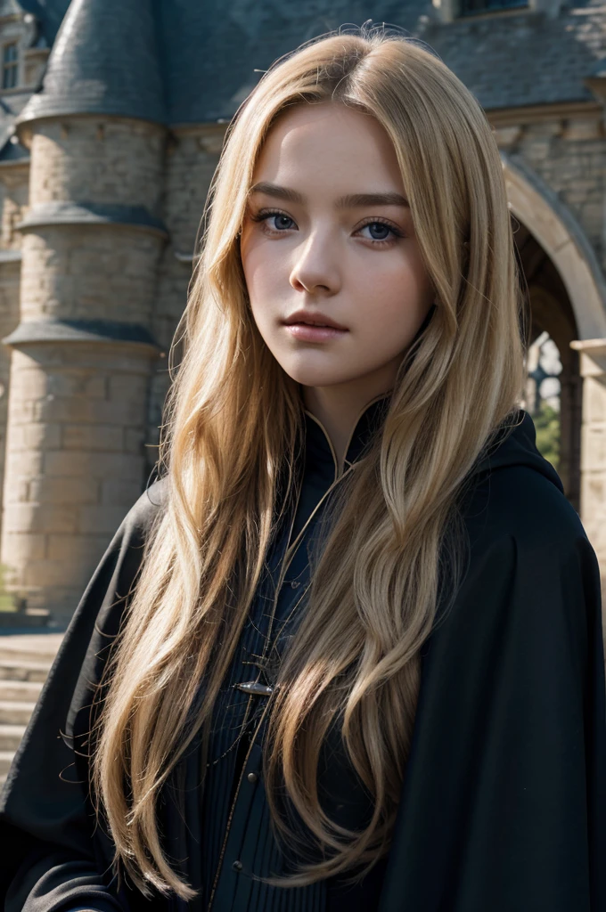 best quality, 8k, very delicate and beautiful, highly detailed face and skin texture, shiny skin, high resolution, beautiful blond long hair teenage girl wearing black cloak and blue stripes stand in front of castle, revenclaw, sharp focus
