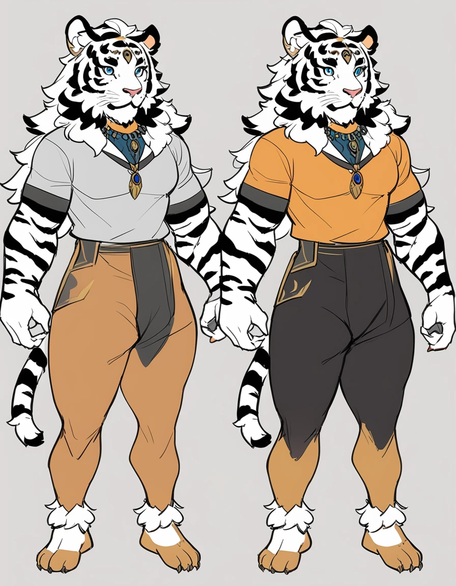(masterpiece), best quality, expressive eyes, perfect face, fluffy, tiger, full body, reference sheets that have front view and back view, detailed, wearing inspired like genshin impact outifts, big body, messy long hair, male, hoyoverse artstyle, reference sheets, vtuber-fullbody, anthro,