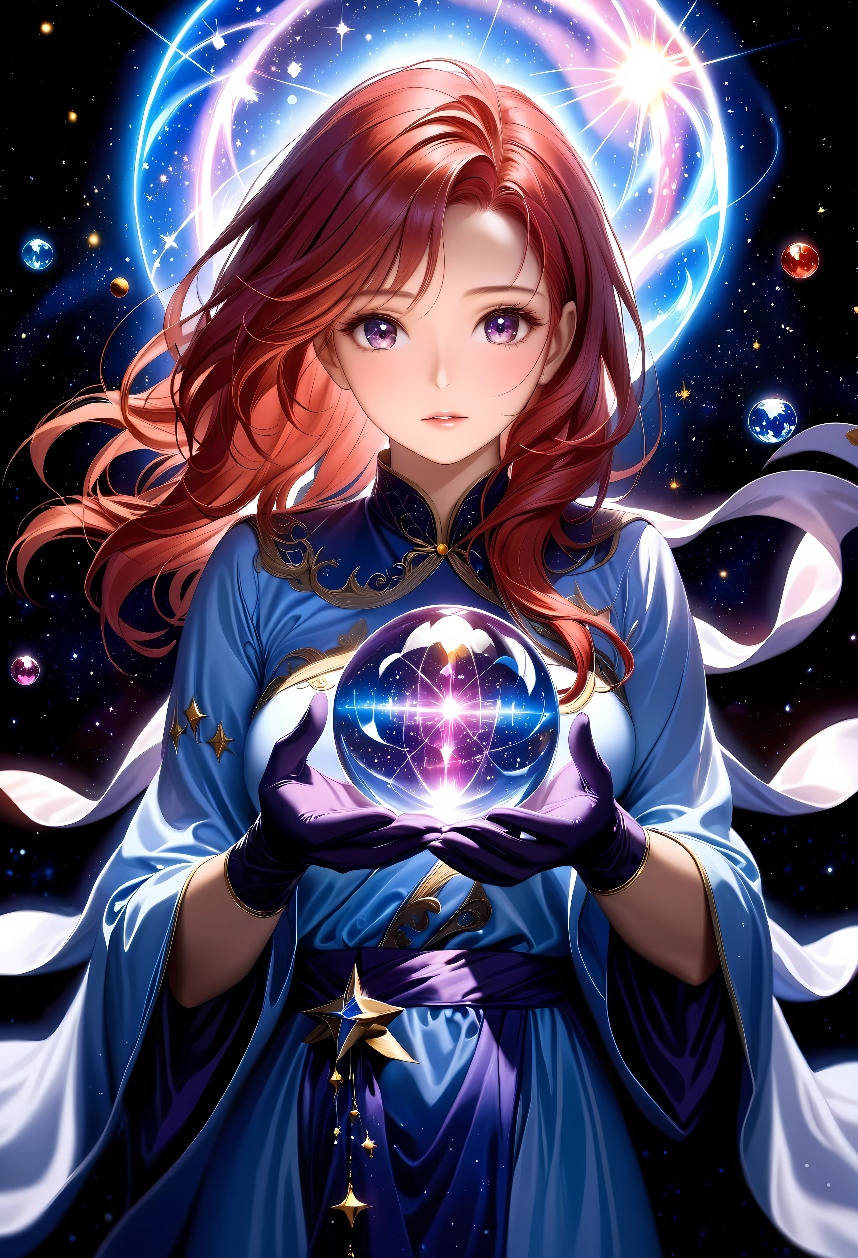 a beautiful astrologer charting the stars in the majestic starry night sky, detailed face and expression, long flowing robes, mystical aura, glowing crystal ball, fantastical celestial background, dramatic lighting, cinematic composition, digital art, concept art, hyper detailed, 16k, photorealistic, award winning, vibrant colors, dramatic lighting | | Rendered in ultra-high definition with UHD and retina quality, this masterpiece ensures anatomical correctness and textured skin with super detail. With a focus on high quality and accuracy, this award-winning portrayal captures every nuance in stunning 16k resolution, immersing viewers in its lifelike depiction. | ((pretty wavey red hair):1.1), ((fancy handgloves):1.1) | (((anatomical correctness))), (((perfect_fingers))), (((perfect_legs))), (((perfect_hands))), ((perfect_composition, perfect_design, perfect_layout, perfect_detail, ultra_detailed)), ((enhance_all, fix_everything)), More Detail, Enhance.
