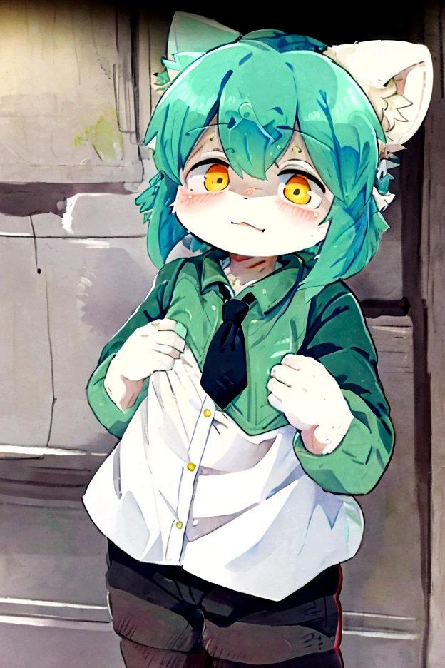 A dragon with yellow eyes light blue skin with 2 small yellow horn on head with white eyebrow hair 2 color white and dark blue with bear on both cheeks, have the height 178cm, Wearing a blue and dark green jacket with a few yellow lines inside, wearing a white collared shirt with a dark green tie and wear bit black pant