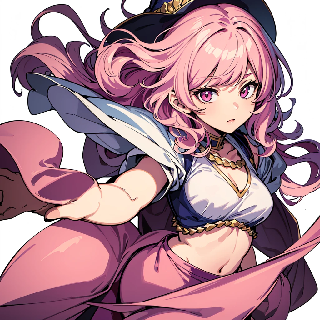 Best illustrations、Best Quality、(Solo)、(The same face:1.1),(One girl、23 years old),Dynamic pose,Medieval Fantasy,accessories,Magic wand,(White Background)、(Pink Hair、Medium Hair、Curly hair)、(Brown witch outfit、pants)