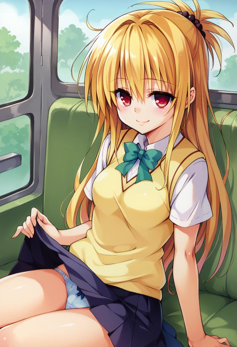 Kentaro Yabuki, love〜fart, ore_9, score_8_superior, score_7_superior BREAK 
konjiki no yami, Red eyes, Blonde, Hair Intake, Long Hair, Hair Pod, , skirt, Sweater vest, View your viewers, A light smile, Portraiture, in the train,Sitting skirt lift (show off panties)