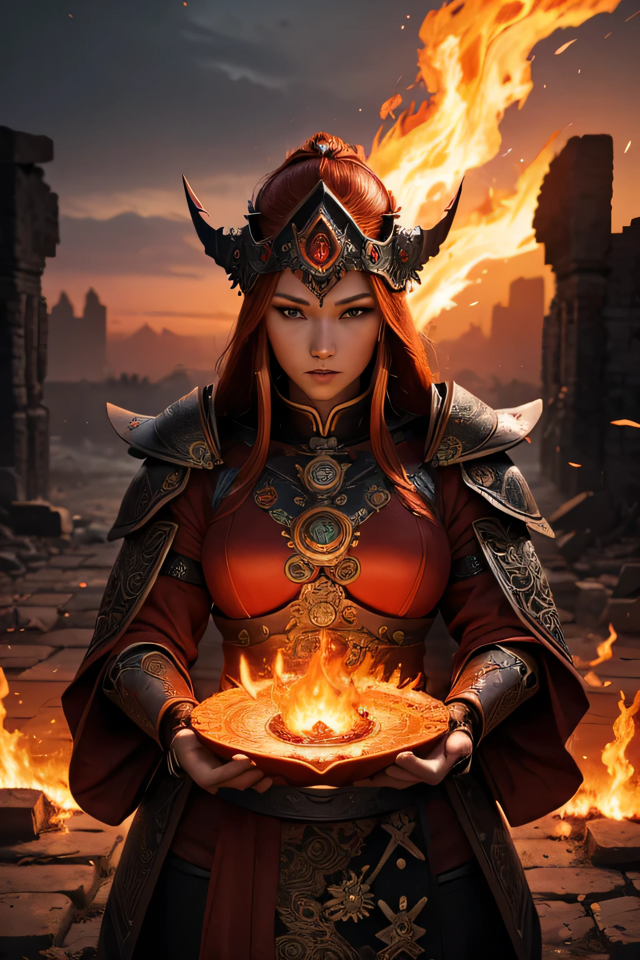 (8K, high definition, high quality, highly detailed) Beautiful Japanese Female Mage. Fire magic. Chanting a spell. Ginger head. Wearing a steel couture armor. mandala headdress. red and black color palette. dusk. desolate ruins on the background. blurred background.