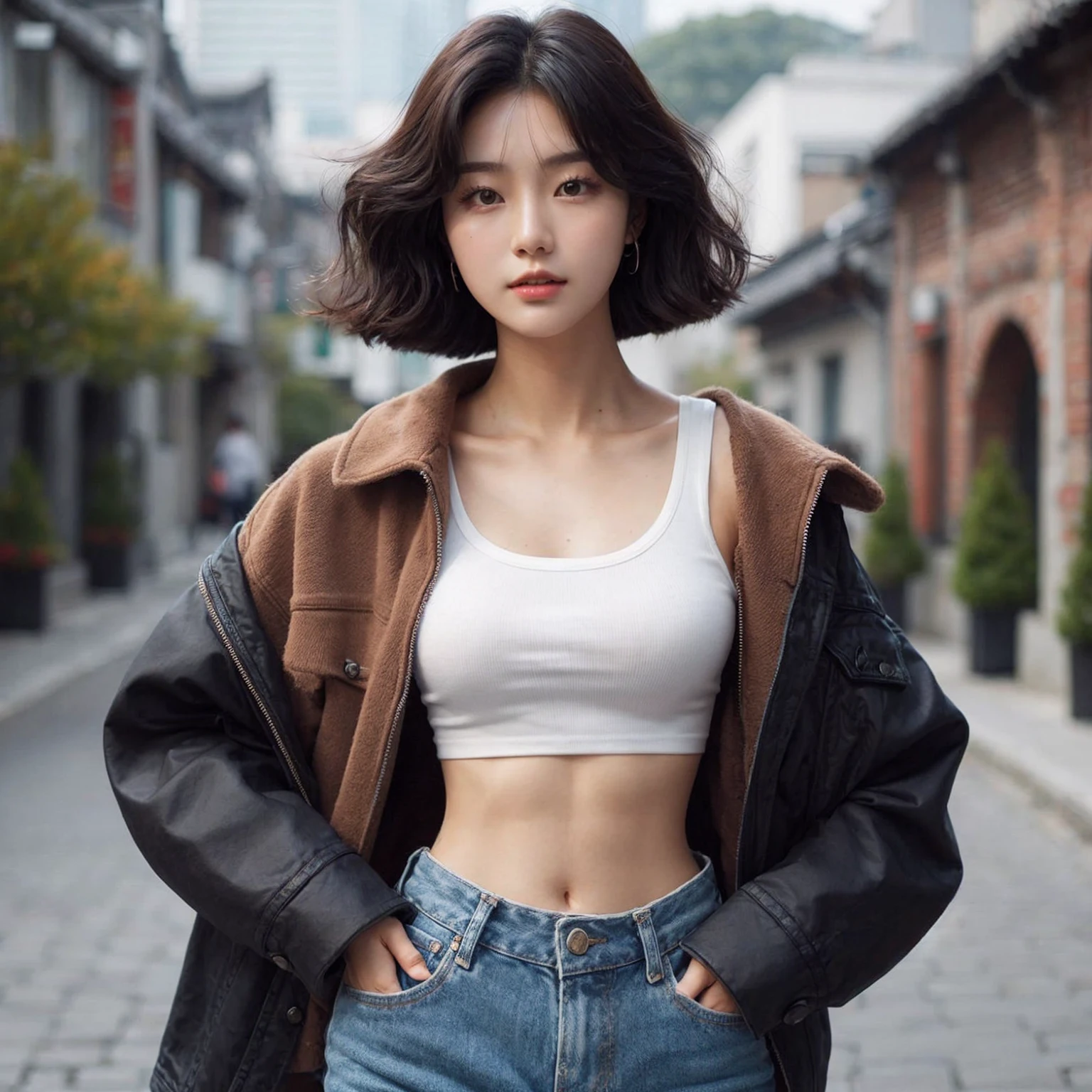 Beautiful young Korean female walking confidently down a cobblestone street in casual, stylish outfits with jackets, shirts, and jeans, medium chest. The backdrop is a vintage urban setting with buildings and greenery, blending modern style with a cool urban vibe.