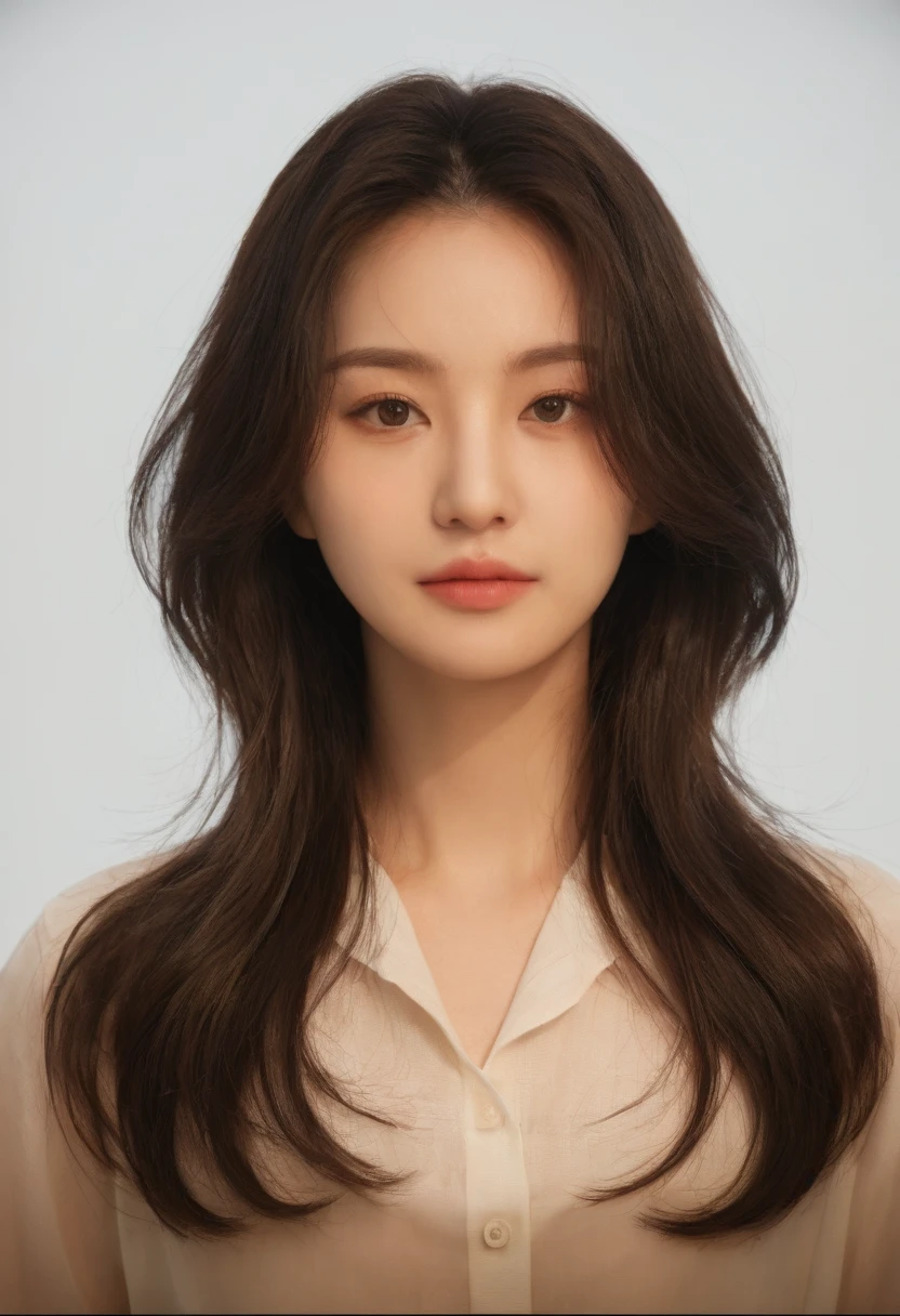 Best Quality, 8k, Masterpiece, (Portrait: 1.3), (photo realistic:1.4), (hyper realistic:1.4), Sharp Focus, looking at viewer, (smoother lighting:1.1), (increase cinematic lighting quality:0.9), realistic lighting, backlighting, light on face, ray trace, (brightening light:1.2), (Increase quality:1.4), sharp detail, (best quality real texture skin:1.4), finely detailed eyes, black_eyes, finely detailed face, 25 year old Korean woman, (white formal_shirt:1.4), (Create an image maintaining the original base model hairstyle:1.5)