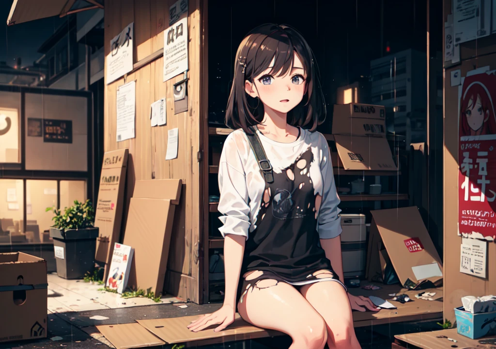 ((Best quality)), ((masterpiece)), (detailed), 1 girl, dirty clothes, Torn clothes, city, rain, (((sitting on a piece of cardboard))), night, nice face