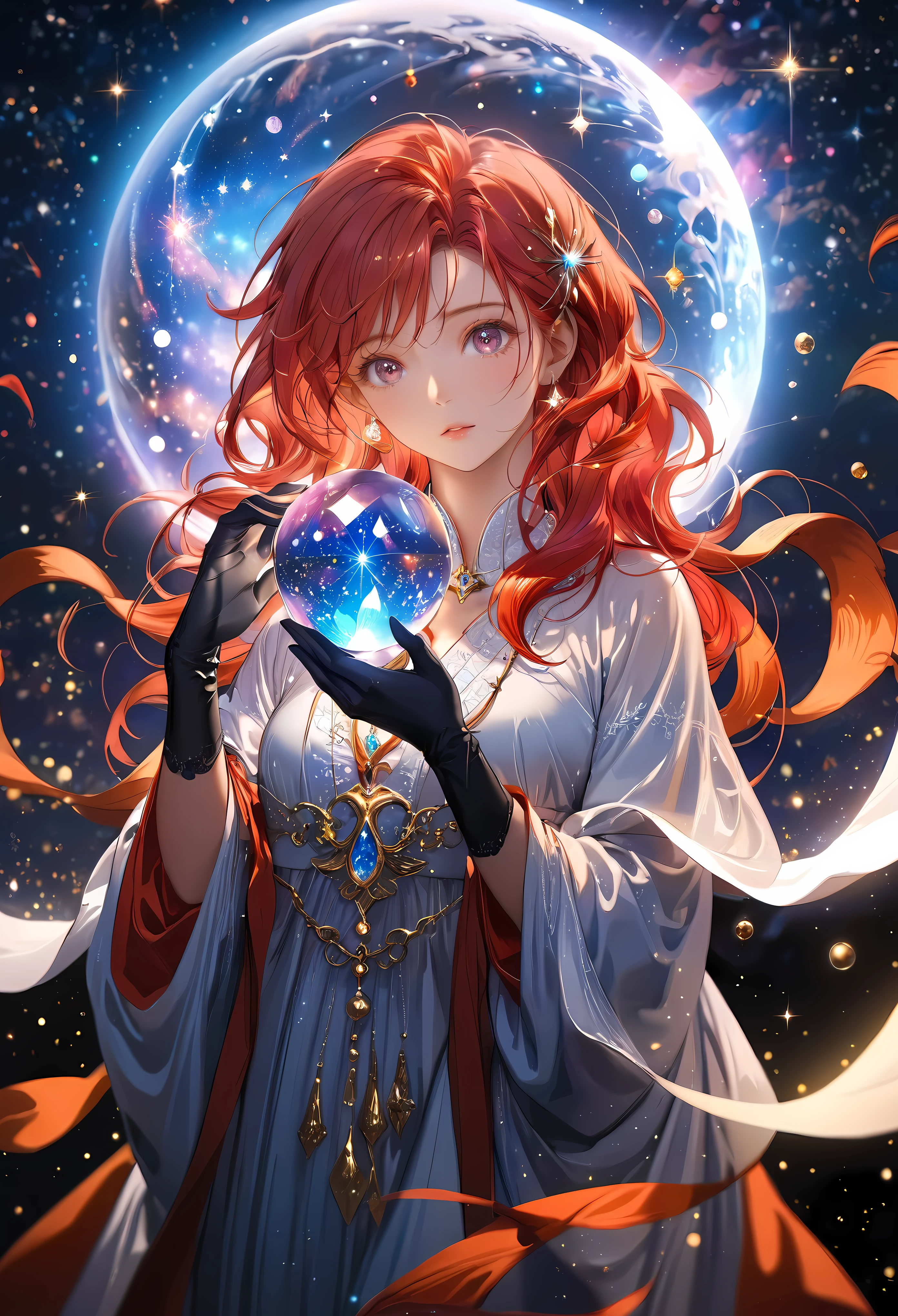 a beautiful astrologer charting the stars in the majestic starry night sky, detailed face and expression, long flowing robes, mystical aura, glowing crystal ball, fantastical celestial background, dramatic lighting, cinematic composition, digital art, concept art, hyper detailed, 16k, photorealistic, award winning, vibrant colors, dramatic lighting | | Rendered in ultra-high definition with UHD and retina quality, this masterpiece ensures anatomical correctness and textured skin with super detail. With a focus on high quality and accuracy, this award-winning portrayal captures every nuance in stunning 16k resolution, immersing viewers in its lifelike depiction. | ((pretty wavey red hair):1.1), ((fancy handgloves):1.1) | (((anatomical correctness))), (((perfect_fingers))), (((perfect_legs))), (((perfect_hands))), ((perfect_composition, perfect_design, perfect_layout, perfect_detail, ultra_detailed)), ((enhance_all, fix_everything)), More Detail, Enhance.