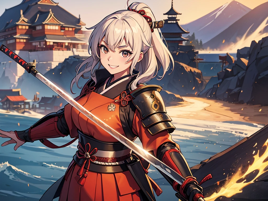 Female, solo, samurai armour, pov, proudly smile, holding odachi sword, sengoku jidai, Japanese castle background