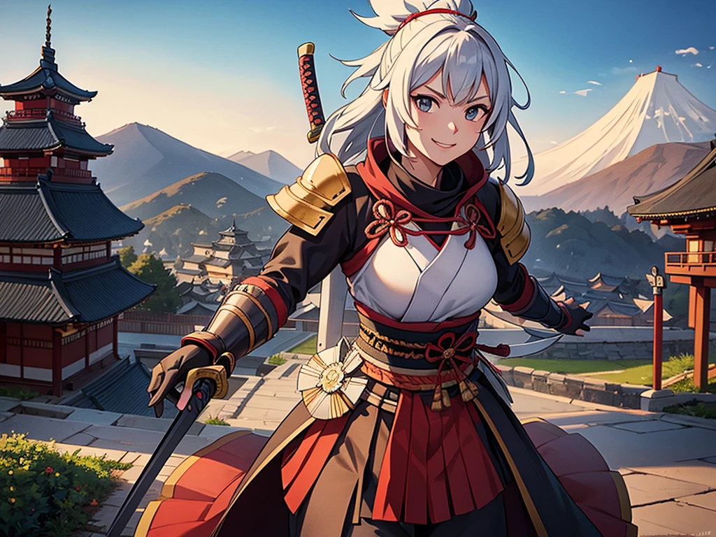 Female, solo, samurai armour, pov, proudly smile, holding odachi sword, sengoku jidai, Japanese castle background