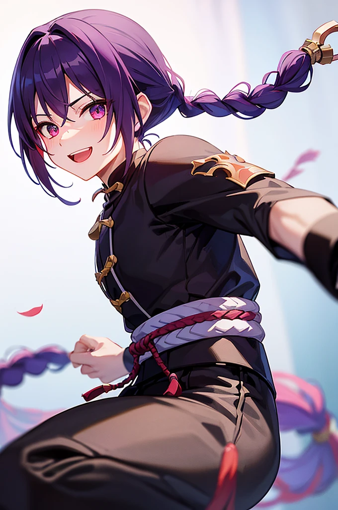 Purple Hair、Red eyes、White background、Anime characters、Knot、Braid、A man wearing black kung fu clothing、Smiling young man、Man standing facing forward、juvenile、(White background)、{{masterpiece}}, The best quality of life