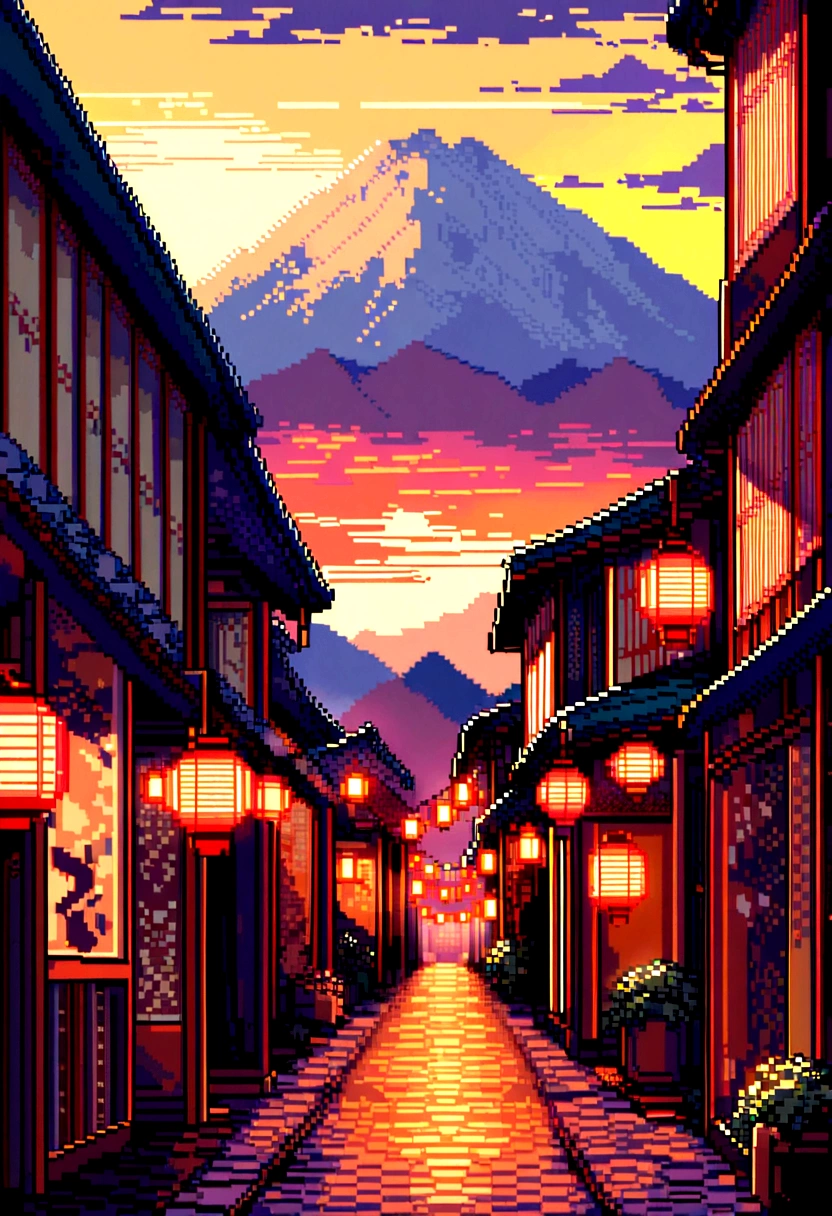 pixel art. Main composition is a Japanese old street without people only has some lantern,background can see mountain and could but not too much, that time can see sunset. decrease some lantern and made pixel more refined, let picture Wider