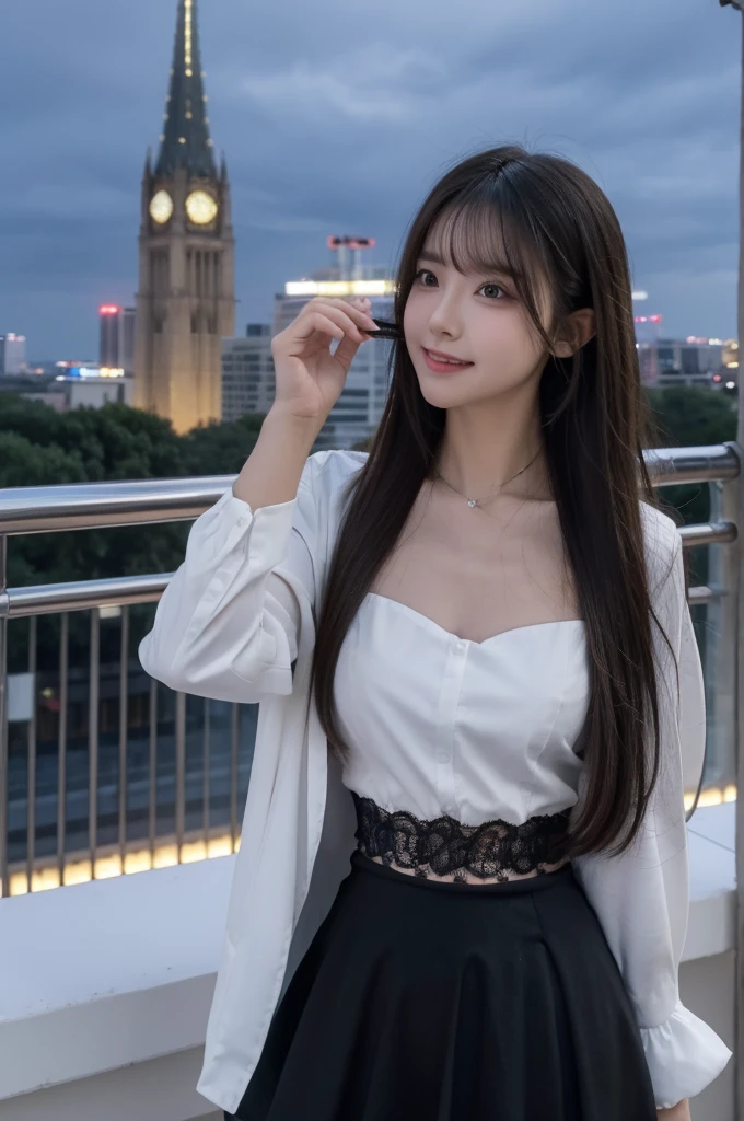 (masterpiece:1.3), (best quality:1.1), (8k, ultra detailed, ultra high res:1.2), ((anime style)), perfect 5 fingers, perfect anatomy, on right,
1girl, BREAK A-line skirt,black skirt, ((lace tops)),
BREAK long hair, wavy hair, black hair,
(small breasts:0.9), smile, BREAK ((looking away)),
cowboy shot, standing, leaning back,
(detailed background:1.2), outdoor, outside, ((Night city view:1.3)), skyline,