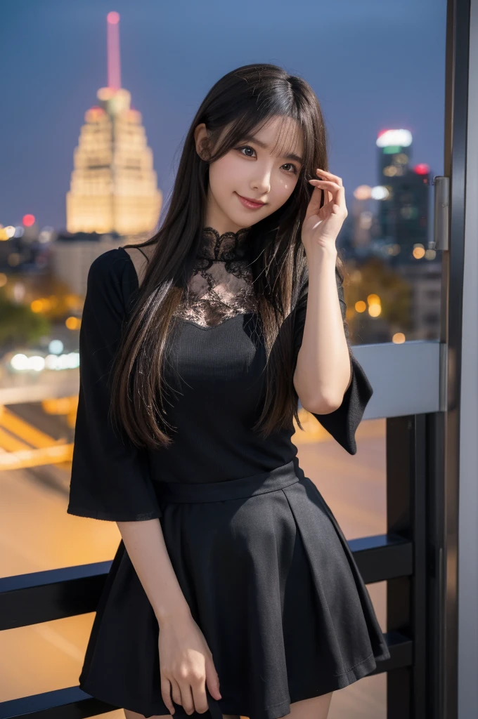 (masterpiece:1.3), (best quality:1.1), (8k, ultra detailed, ultra high res:1.2), ((anime style)), perfect 5 fingers, perfect anatomy, on right,
1girl, BREAK A-line skirt,black skirt, ((lace tops)),
BREAK long hair, wavy hair, black hair,
(small breasts:0.9), smile, BREAK ((looking away)),
cowboy shot, standing, leaning back,
(detailed background:1.2), outdoor, outside, ((Night city view:1.3)), skyline,