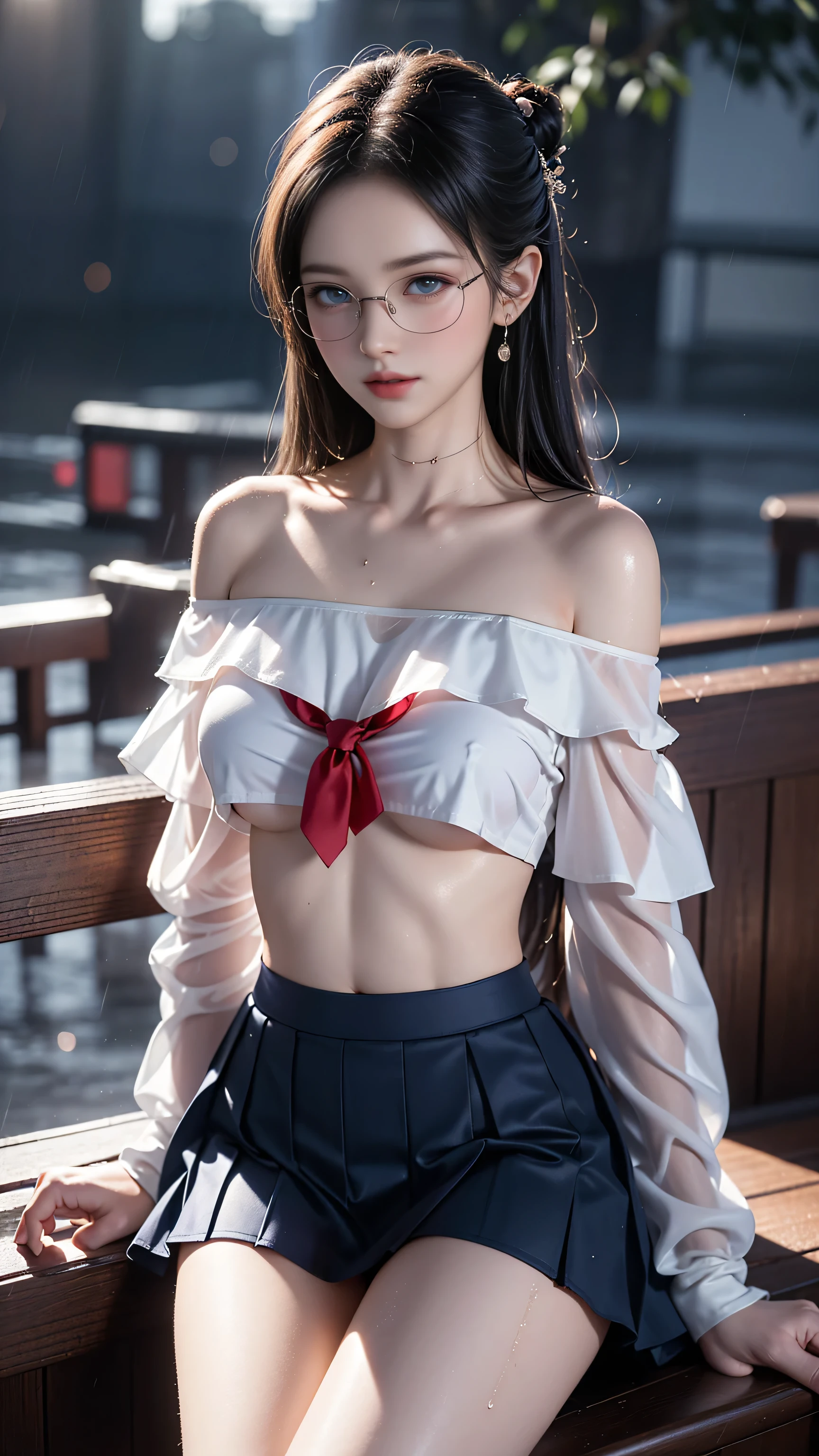 (RAW shooting, Photorealistic:1.5, 8K, Highest quality, masterpiece, Ultra-high resolution), Perfect dynamic composition:1.2, Night Street Corner, Looking up at the sky:1.3, (((Heavy rain from a typhoon))), Highly detailed skin and facial textures:1. 2, A slim high school girl wet with rain:1.3, Sexy beauty, Perfect Style:1.2, Aesthetic and beautiful, Fair skin, Very beautiful face, (Rain dripping all over my body:1. 2, Wet Hair:1.4, Wet Hair:1. 2)、Water droplets on the skin、(Medium chest、Chest gap)、(Shy laugh、The expression when feeling intense caressing、Facial expression when feeling pleasure)、(Beautiful blue eyes)、perfect body、Perfect fingertips(Girl sitting on train seat)、Highest quality works、Live-action work、Ultra Premium Graphics、8K HD CG Works、High Quality Graphics、High-definition CG works、10x pixels、Ultra-fine details:1. 1、Advanced technical details:1.1、Photorealistic、Indoor Lighting Effects:1.5、Natural light:1.5。Lighting Effects(Virtual Lighting Effects:1. 8),(Thin eyebrows),(High nose),(Clean red lips),(Rose Cheeks),(Subtle makeup face),(Girl),(Cute face),(Perfectly balanced face),(Light-toned foundation),(Enhances the clarity of the skin)((Off the shoulder、Translucent wet white blouse、loose red tie、Navy blue checked skirt)).( Wet light blue bra、Pink nipples)、Clothes with a lovely swirl pattern design、Iris Heterochromatic Eyes、Silver Haired Girl、Off the shoulder wallpaper HD、((Nipples))、(Puffy eyes:1. 2)、(Thin legs)、(Light on face and chest)、((((underboob))))、underboob、Oily skin、Skinny、(the underside of the chest is slightly visible)、 (underboobが見える、Belly button and ribs visible)、The hips and lower abdomen are visible、
40k, photograph, On the table, Highest quality, Rain Background, ((Light Hair Girl, She has a beautiful face and、Wear glasses,