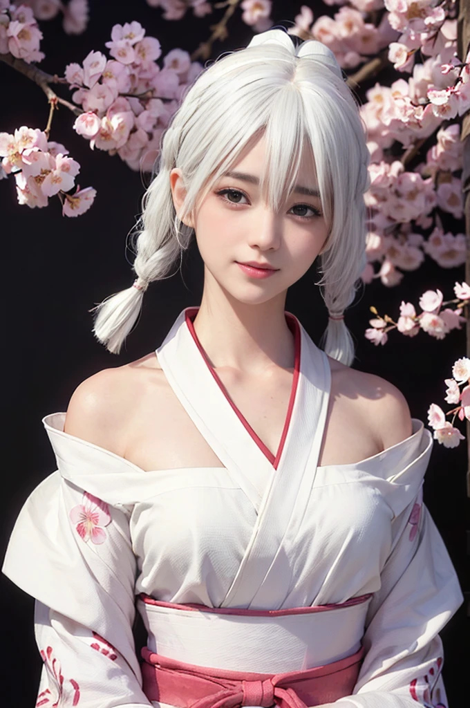 ((Hairstyled white hair:1.5))(Japan kimono with cherry blossom pattern:1.3), Symmetric, (highest quality, Photorealistic:1.4, Raw photo:1.2, Cinematic light, Highly detailed illustration), (1woman:1.3, alone), (Asian Girl, Very delicate face, Super beautiful face, Very delicate eyes, Ultra detailed nose, Very sophisticated mouth, Highly detailed facial features), woman, (Medium Bust:1.3), skin, Lip gloss, Laughter, Full Body View, High resolution, High resolution, 8k, Masterpiece 2:1, Skin Radiance, Glowing Skin, Young girl,( Kyoto、Falling cherry blossoms)、off shoulder, shoulder blades、kimono