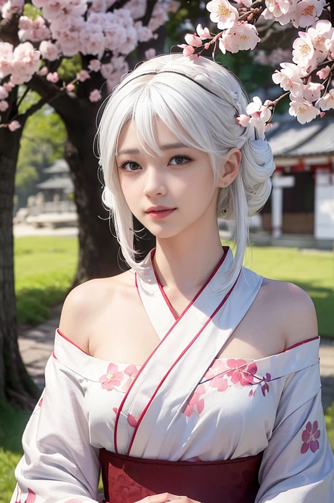 ((Hairstyled white hair:1.5))(Japan kimono with cherry blossom pattern:1.3), Symmetric, (highest quality, Photorealistic:1.4, Raw photo:1.2, Cinematic light, Highly detailed illustration), (1woman:1.3, alone), (Asian Girl, Very delicate face, Super beautiful face, Very delicate eyes, Ultra detailed nose, Very sophisticated mouth, Highly detailed facial features), woman, (Medium Bust:1.3), skin, Lip gloss, Laughter, Full Body View, High resolution, High resolution, 8k, Masterpiece 2:1, Skin Radiance, Glowing Skin, Young girl,( Kyoto、Falling cherry blossoms)、off shoulder, shoulder blades、kimono