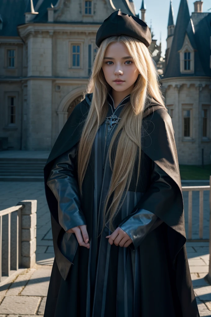 best quality, 8k, very delicate and beautiful, highly detailed face and skin texture, shiny skin, high resolution, beautiful blond long hair teenage girl wearing black cloak and blue stripes stand in front of castle, revenclaw, sharp focus
