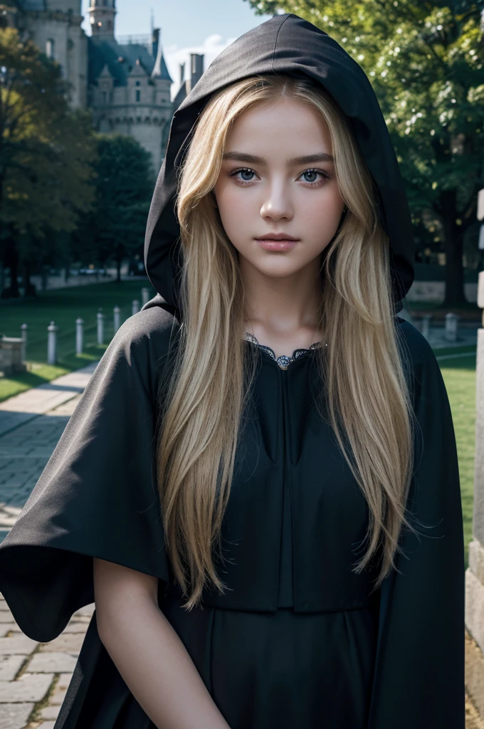 best quality, 8k, very delicate and beautiful, highly detailed face and skin texture, shiny skin, high resolution, beautiful blond long hair teenage girl wearing black cloak and blue stripes stand in front of castle, revenclaw, sharp focus
