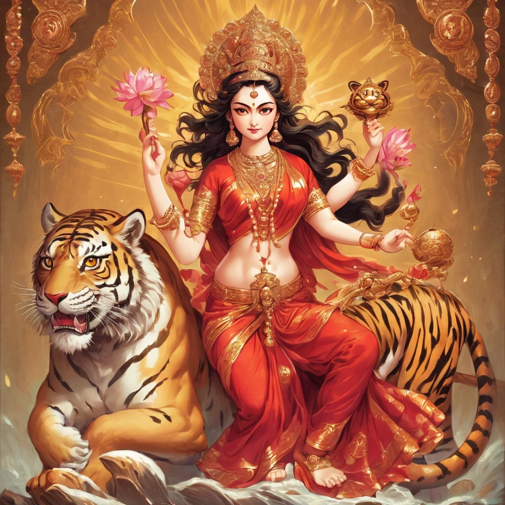 Durga。Beautiful goddess riding a tiger。Goddess of War。Four arms on each side。Bow in hand at 4 steps、sword、Prayer beads、Lotus flower、Trident、Bulbophyll、disk、holding a potion。Golden ornaments。Wearing a red saree。