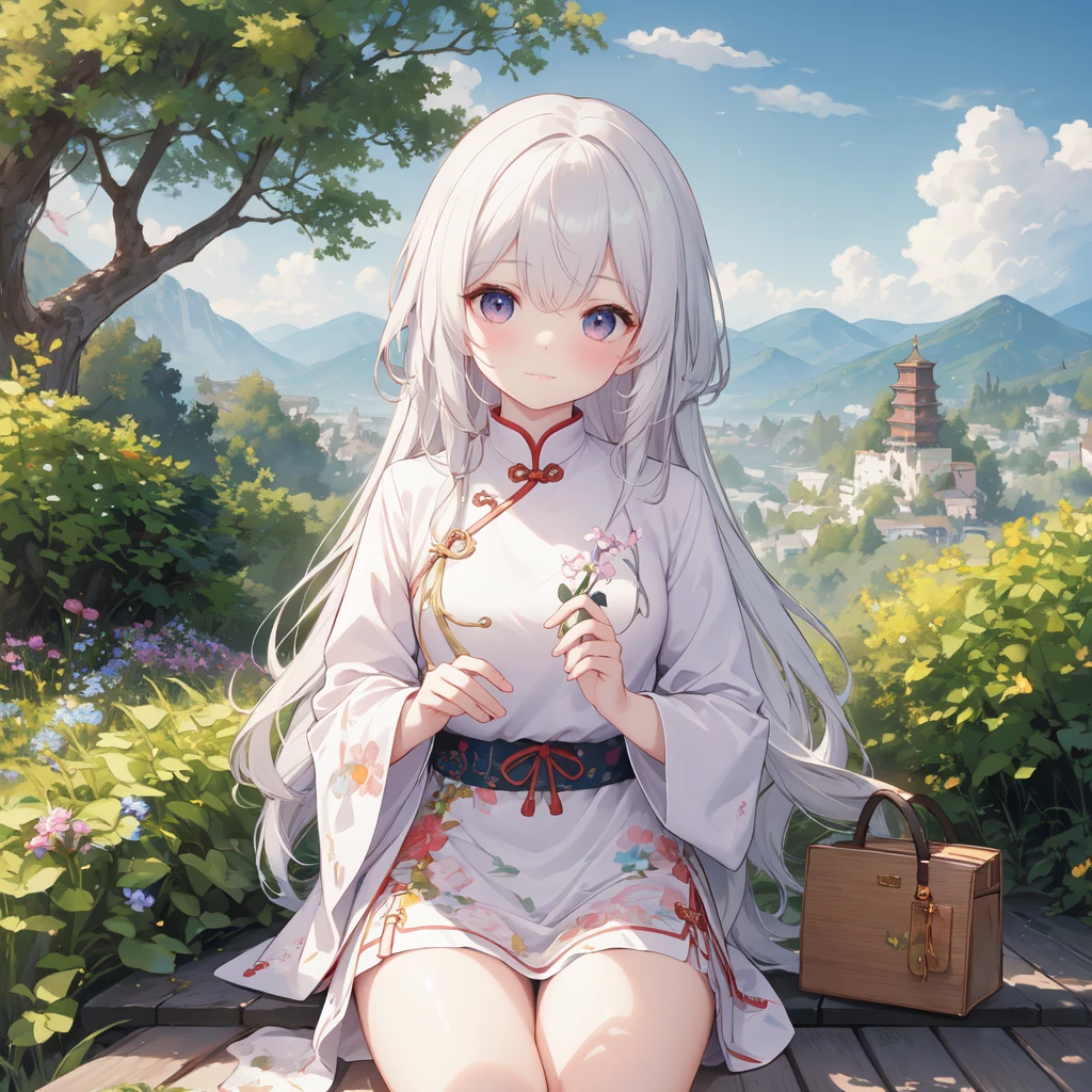 (best quality), masterpiece, Extremely detailed CG8K painting, high color, Extremely high color saturation, All colors are deepened, central composition, Extremely detailed light and shadow, The face and eyes are very detailed, medium length hair, sportswear, colorful clouds,beautiful nature,white hair,Bag header,cute,loli,Chinese mother,cheongsam