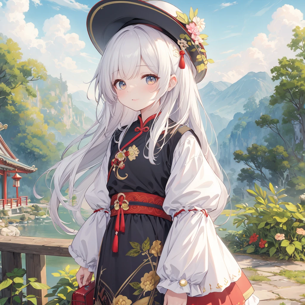 (best quality), masterpiece, Extremely detailed CG8K painting, high color, Extremely high color saturation, All colors are deepened, central composition, Extremely detailed light and shadow, The face and eyes are very detailed, medium length hair, sportswear, colorful clouds，beautiful nature，white hair，Bag header，cute，loli，Chinese mother，cheongsam