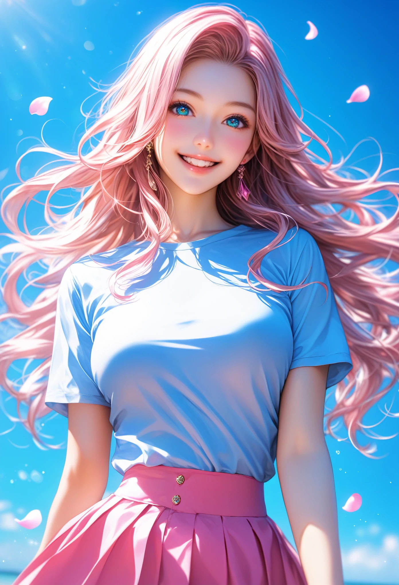 score_9, score_8_superior, score_7_superior,Wearing a blue anime-style T-shirt and pink skirt、In front of a cute girl with long hair smiling happily at the camera、There is a beautiful woman smiling gently here too、They both have sparkling eyes and bright white teeth., Background floating light effect, Fantasy Art Style, pastel colour, Digital Painting, Detailed anatomy, 超詳細なFantasy Art Styleの高解像度を備えたホログラフィック ルーム, Light blue petals on my cheeks, Realistic skin texture, whole body, Detailed Images, close-superior, 32k resolution, whole body, (whole bodyポートレート:1.5), 