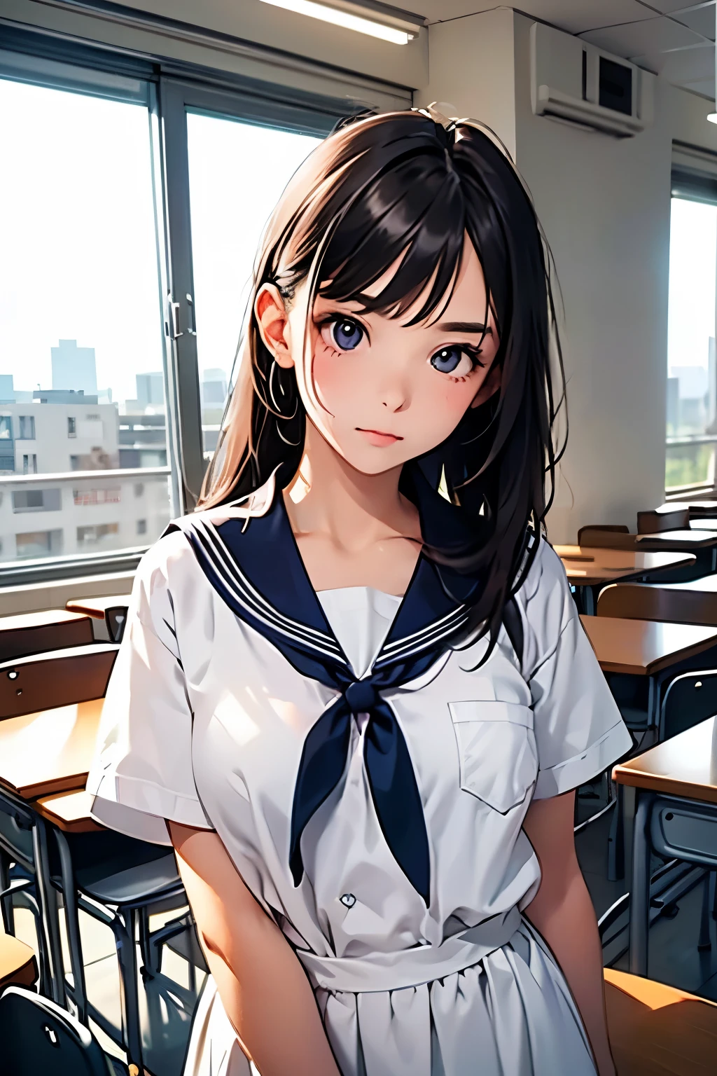 Beautiful  girl, sailor suit, classroom, looking at viewer, sidelong glance