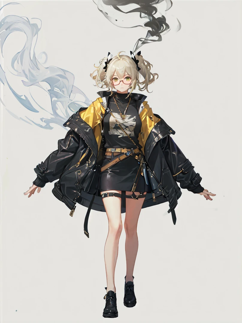 A cool girl with a confident and stylish appearance, showcasing a modern, urban look.

Glasses: Trendy glasses that complement her sharp features and expressive eyes.

Outfit:

Jacket: A fashionable leather jacket with intricate smoke patterns that blend seamlessly with yellow accents. The jacket has a sleek, tailored fit.
Top: A yellow top that contrasts with the smoky details of the jacket.
Accessories:

Cigarette: She holds a cigarette in a relaxed, nonchalant manner, with wisps of smoke curling around her.
Hairstyle: Her hair is styled in a contemporary fashion, enhancing her cool demeanor.