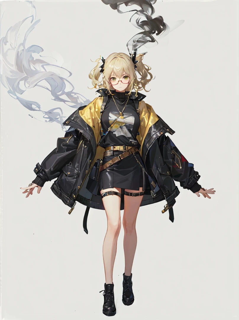 A cool girl with a confident and stylish appearance, showcasing a modern, urban look.
Glasses: Trendy glasses that complement her sharp features and expressive eyes.
Outfit:
Jacket: A fashionable leather jacket with intricate smoke patterns that blend seamlessly with yellow accents. The jacket has a sleek, tailored fit.
Top: A yellow top that contrasts with the smoky details of the jacket.
Accessories:
Cigarette: She holds a cigarette in a relaxed, nonchalant manner, with wisps of smoke curling around her.
Hairstyle: Her hair is styled in a contemporary fashion, enhancing her cool demeanor.