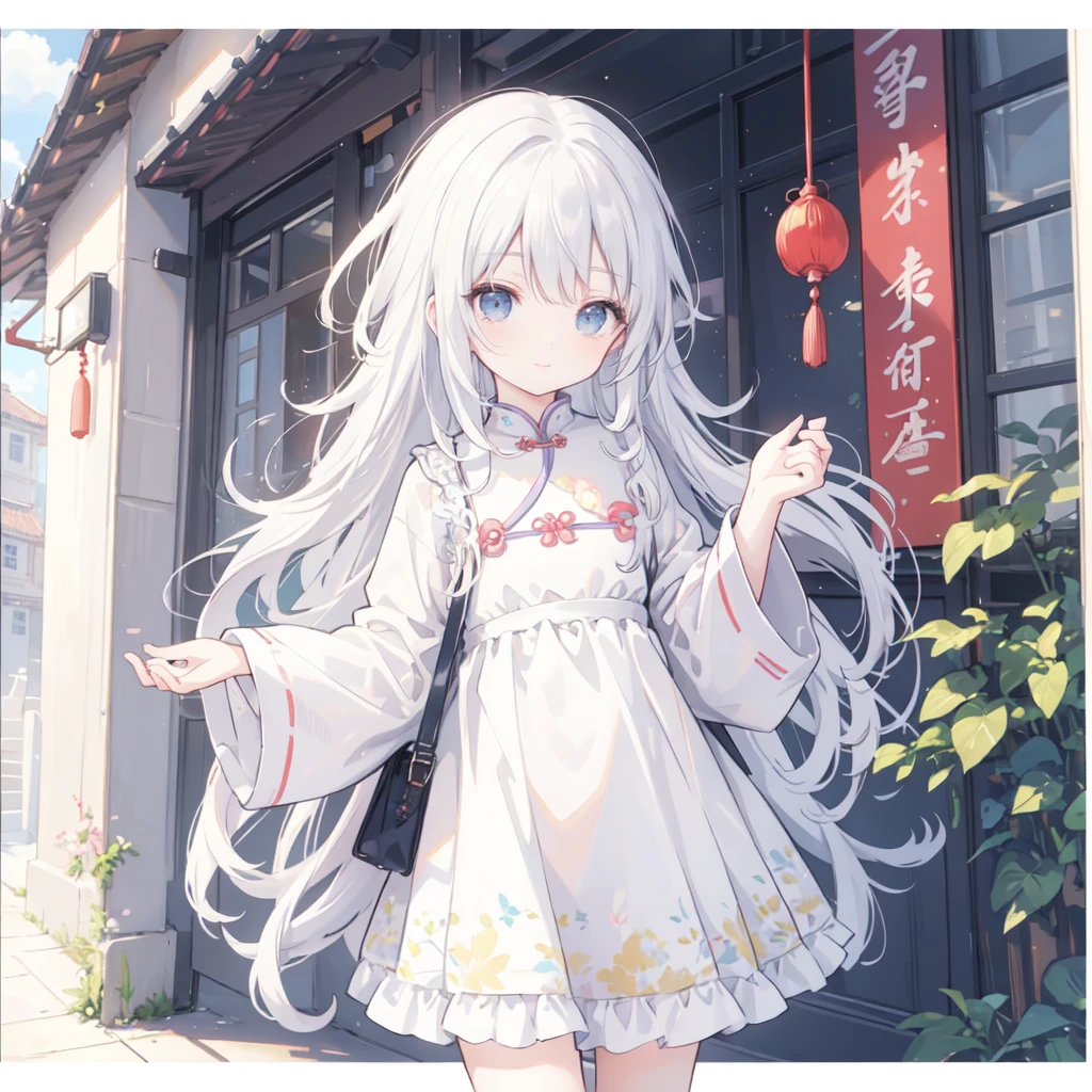 (best quality), masterpiece, Extremely detailed CG8K painting, high color, Extremely high color saturation, All colors are deepened, central composition, Extremely detailed light and shadow, The face and eyes are very detailed, medium length hair, sportswear, colorful clouds，beautiful nature，white hair，Bag header，cute，loli，Chinese mother，cheongsam