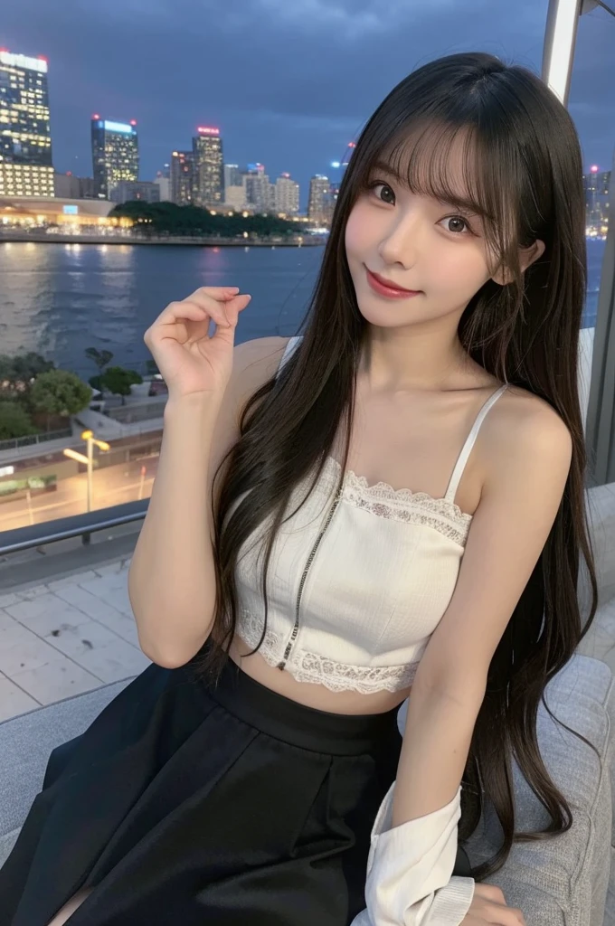 (masterpiece:1.3), (best quality:1.1), (8k, ultra detailed, ultra high res:1.2), ((anime style)), perfect 5 fingers, perfect anatomy, on right,
1girl, BREAK A-line skirt,black skirt, ((lace tops)),
BREAK long hair, wavy hair, black hair,
(small breasts:0.9), smile, BREAK looking away,
cowboy shot, standing, leaning back,
(detailed background:1.2), outdoor, outside, ((Night city view:1.3)), skyline,