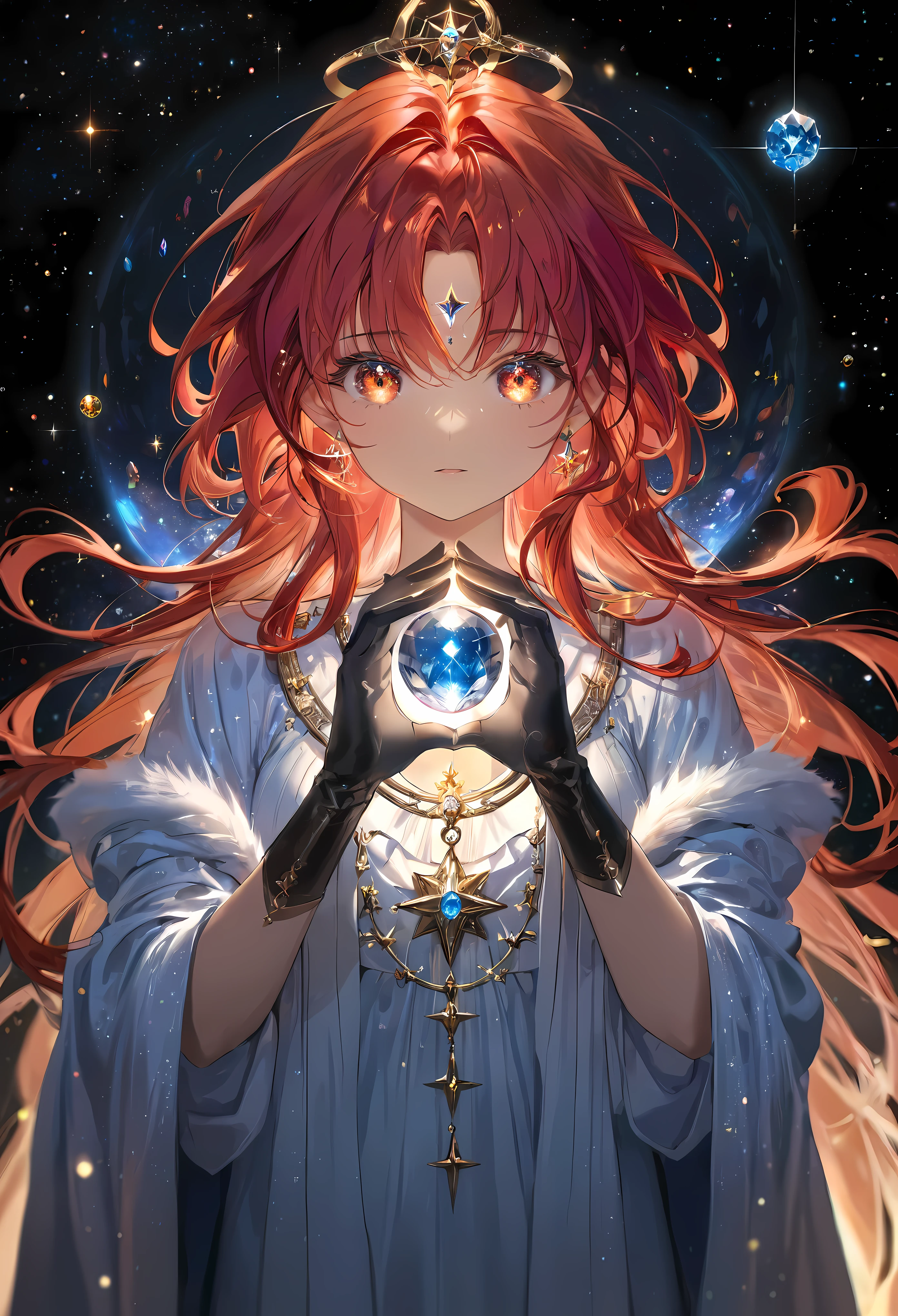 a beautiful astrologer charting the stars in the majestic starry night sky, detailed face and expression, long flowing robes, mystical aura, glowing crystal ball, fantastical celestial background, dramatic lighting, cinematic composition, digital art, concept art, hyper detailed, 16k, photorealistic, award winning, vibrant colors, dramatic lighting | | Rendered in ultra-high definition with UHD and retina quality, this masterpiece ensures anatomical correctness and textured skin with super detail. With a focus on high quality and accuracy, this award-winning portrayal captures every nuance in stunning 16k resolution, immersing viewers in its lifelike depiction. | ((pretty wavey red hair):1.1), ((fancy handgloves):1.1) | (((anatomical correctness))), (((perfect_fingers))), (((perfect_legs))), (((perfect_hands))), ((perfect_composition, perfect_design, perfect_layout, perfect_detail, ultra_detailed)), ((enhance_all, fix_everything)), More Detail, Enhance.