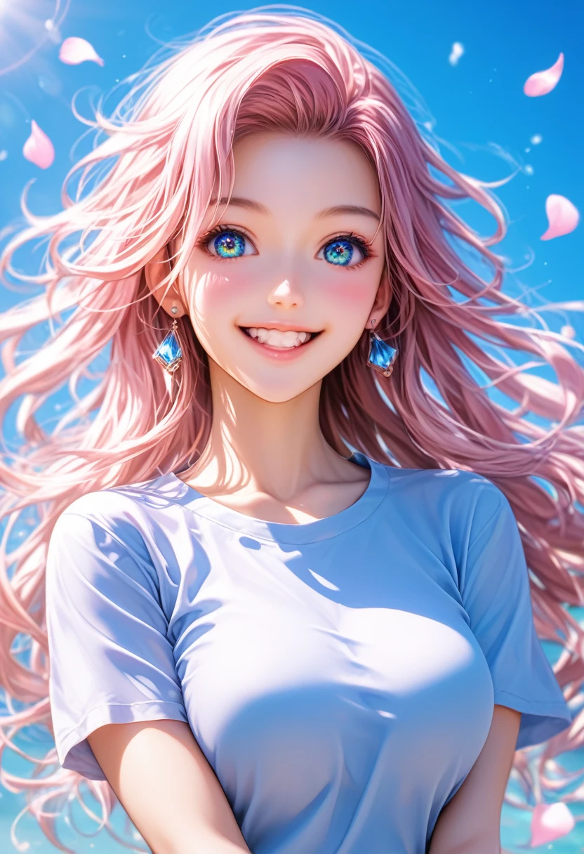 score_9, score_8_superior, score_7_superior,Wearing a blue anime-style T-shirt and pink skirt、In front of a cute girl with long hair smiling happily at the camera、There is a beautiful woman smiling gently here too、They both have sparkling eyes and bright white teeth., Background floating light effect, Fantasy Art Style, pastel colour, Digital Painting, Detailed anatomy, 超詳細なFantasy Art Styleの高解像度を備えたホログラフィック ルーム, Light blue petals on my cheeks, Realistic skin texture, whole body, Detailed Images, close-superior, 32k resolution, whole body, (whole bodyポートレート:1.5), 