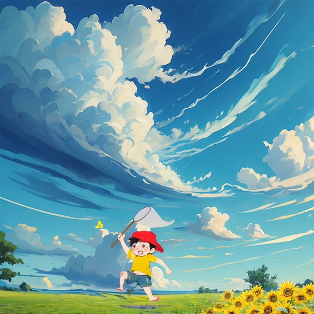 Summer blue sky、 Cumulonimbus、Green Field、Boy with a butterfly net