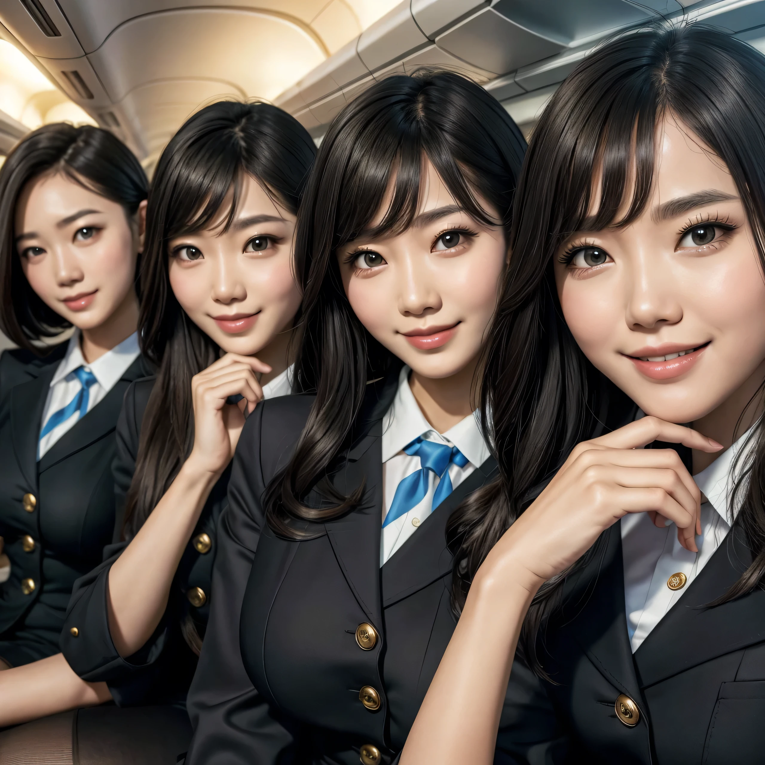 (best quality, masterpiece:1.5), (ultra-detailed, realistic:1.37),4K,(4woman:1.5),korean,cute,beautiful,(Air hostess:1.3),stewardess,(miniskirt),(black pantyhose:1.2),gold hair,smile,sitting,beauty,sitting leg crossed,