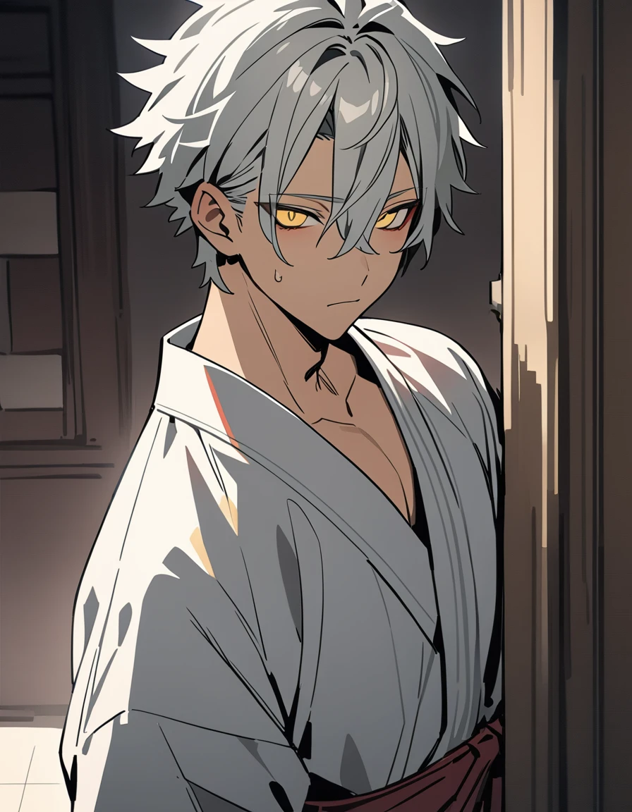 (masterpiece), best quality, expressive eyes, perfect face, only face, male. His skin colour is greyish while his eyes are goat-like yellow. His hair colour is red and short and spiky. He wears a yukata. He has no mutations.