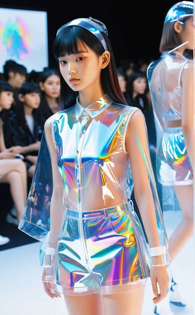 Transparent PVC clothing, Transparent colored vinyl garment, prismastic, holographic, Chromatic Aberration, Fashion Illustration, masterpiece, Harajuku fashion girls, Looking at the audience, 8K, Extremely detailed, Pixif