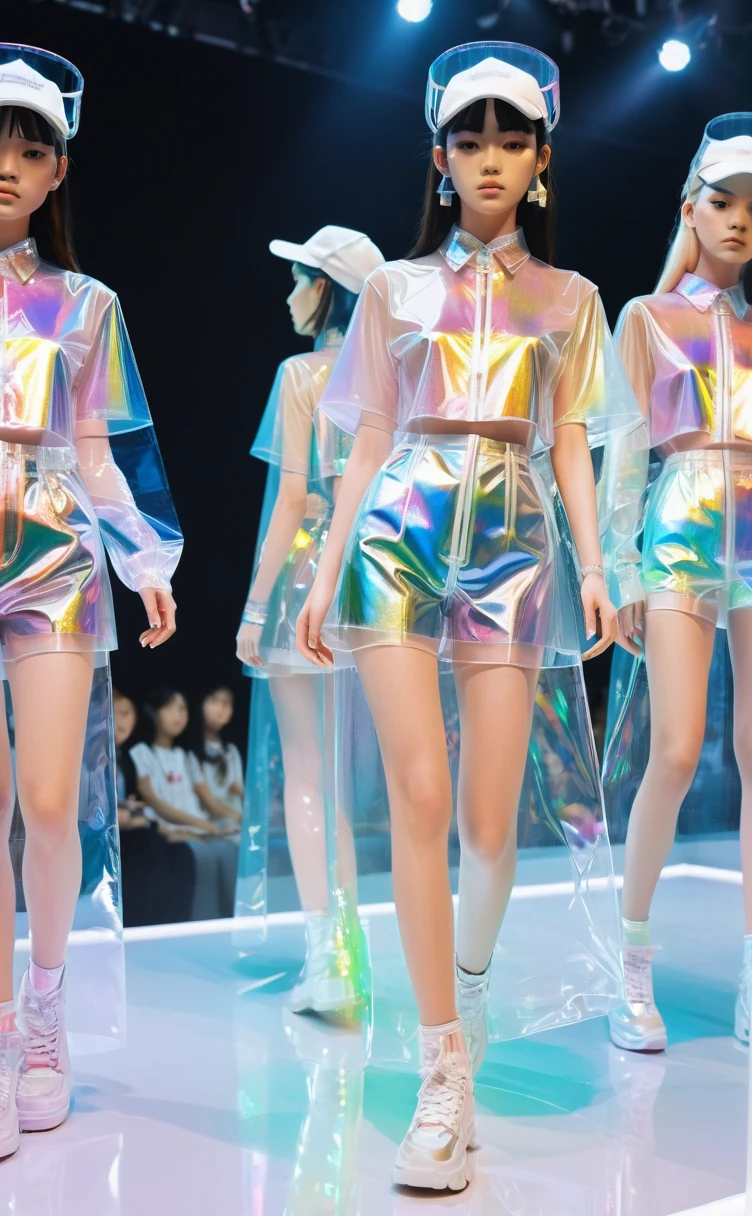 Transparent PVC clothing, Transparent colored vinyl garment, prismastic, holographic, Chromatic Aberration, Fashion Illustration, masterpiece, Harajuku fashion girls, Looking at the audience, 8K, Extremely detailed, Pixif