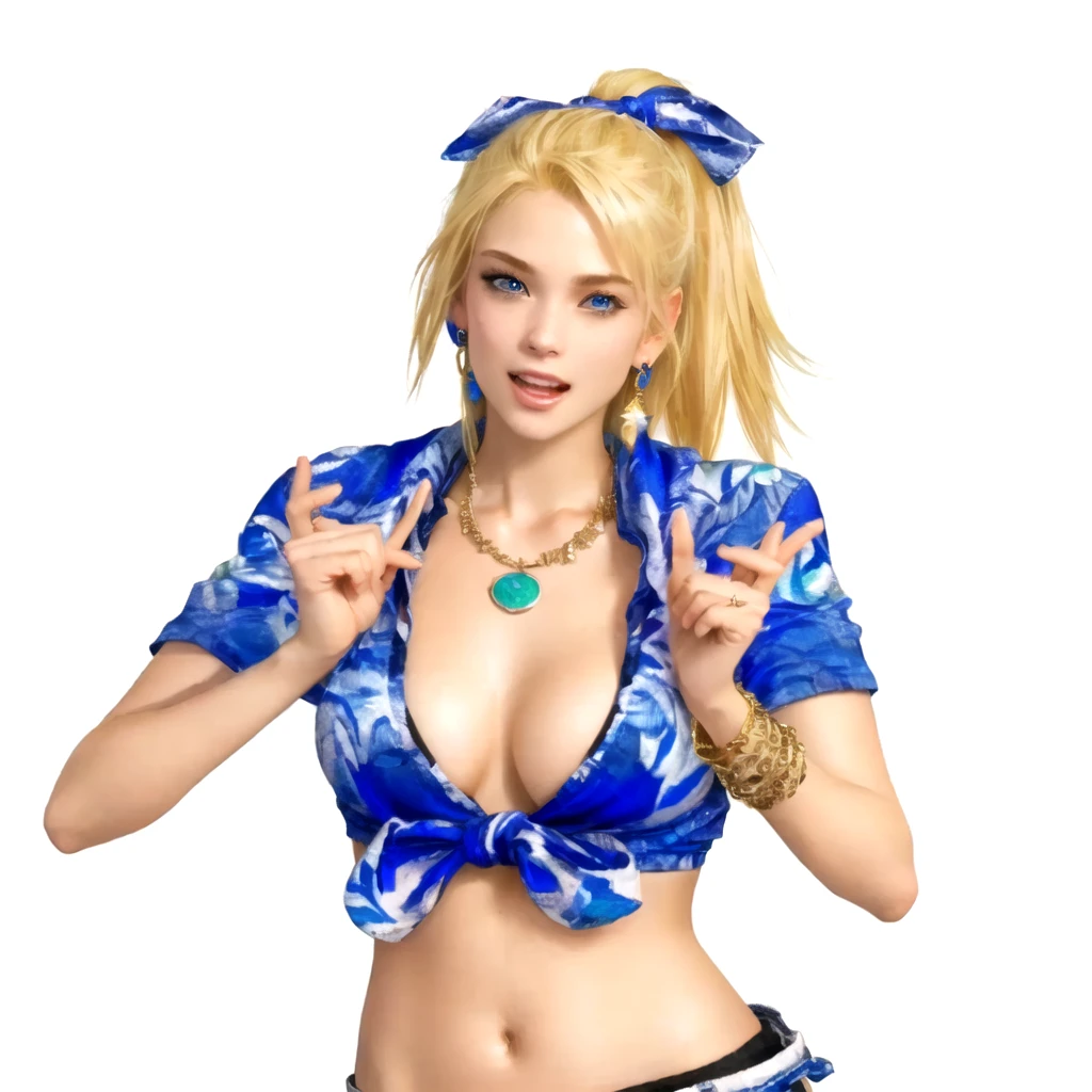 a close up of a blonde girl with a shirt, she's stretching her hands towards the camera as to take it and kiss it, she's American, pale blue eyes, as a character in Out Run 2, of SEGA, 3D CG, Clarissa, 2k, 2 k, she has THREE GOLD simple round bracelets on her left wrist, she has mouth wide open as to joyfully shout "WOW", realistic, render of april, fighting game character, nina from tekken, shirt has some hawaiaan motif on it, she has a foulard tied over her head like a ribbon, she wears no bra, she has a golden necklace with a jade stone, jade drop earrings