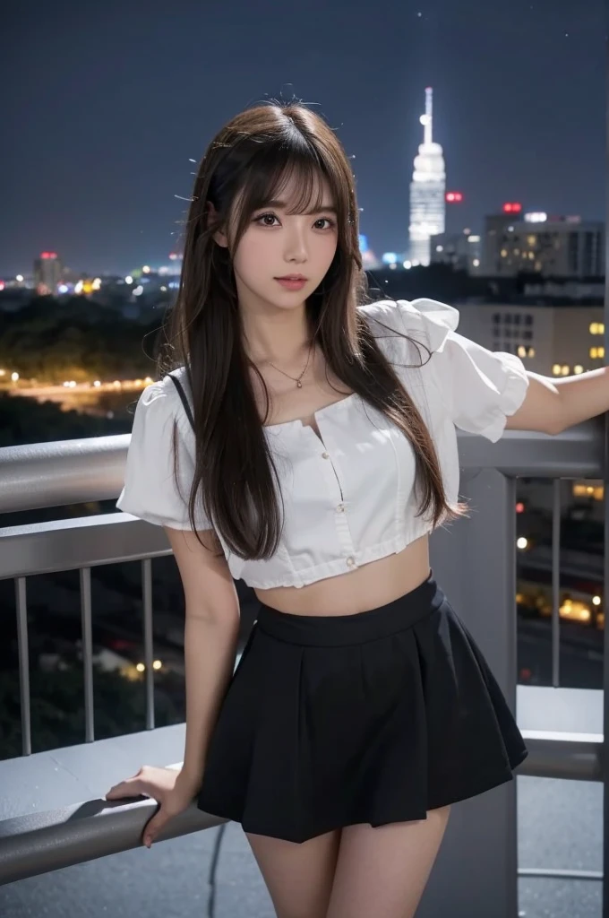 (masterpiece:1.3), (best quality:1.1), (8k, ultra detailed, ultra high res:1.2), ((anime style)), perfect 5 fingers, perfect ???????, on right, 
1girl, BREAK A-line skirt,black skirt, ((lace tops)), 
BREAK long hair, wavy hair, black hair, 
(small breasts:0.9), 
cowboy shot, standing, leaning back, 
(detailed background:1.2), outdoor, outside, ((Night city view:1.3)), skyline, 
