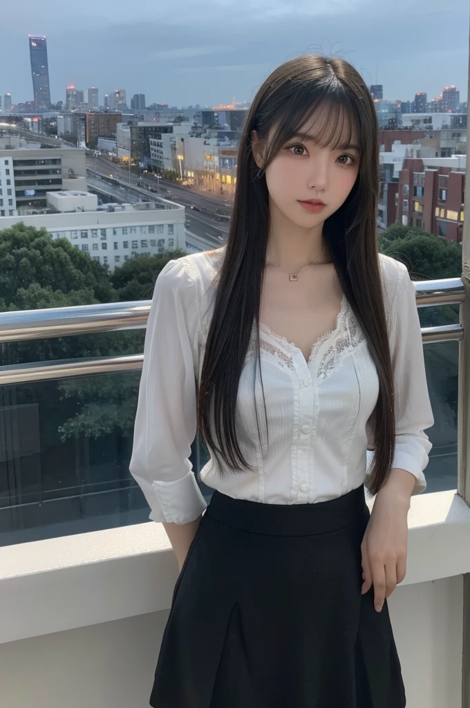 (masterpiece:1.3), (best quality:1.1), (8k, ultra detailed, ultra high res:1.2), ((anime style)), perfect 5 fingers, perfect anatomy, on right, 
1girl, BREAK A-line skirt,black skirt, ((lace tops)), 
BREAK long hair, wavy hair, black hair, 
(small breasts:0.9), 
cowboy shot, standing, leaning back, 
(detailed background:1.2), outdoor, outside, ((Night city view:1.3)), skyline, 