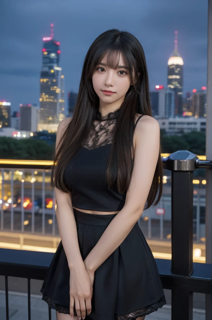 (masterpiece:1.3), (best quality:1.1), (8k, ultra detailed, ultra high res:1.2), ((anime style)), perfect 5 fingers, perfect anatomy, on right, 
1girl, BREAK A-line skirt,black skirt, ((lace tops)), 
BREAK long hair, wavy hair, black hair, 
(small breasts:0.9), 
cowboy shot, standing, leaning back, 
(detailed background:1.2), outdoor, outside, ((Night city view:1.3)), skyline, 