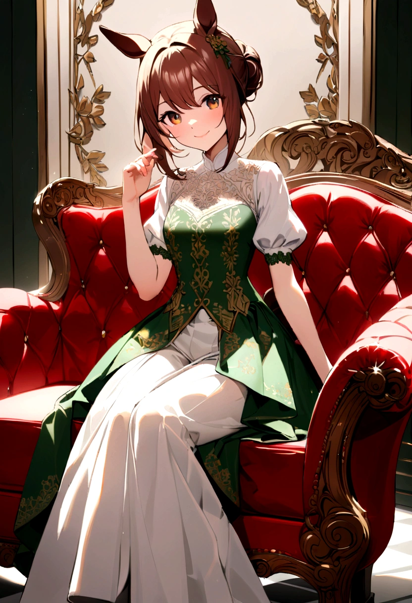 (((Horse Girl))), (((Fine Motion))), sitting on a luxurious red sofa, smile, A young lady-like outfit with white as the base and green embroidery, , High resolution,