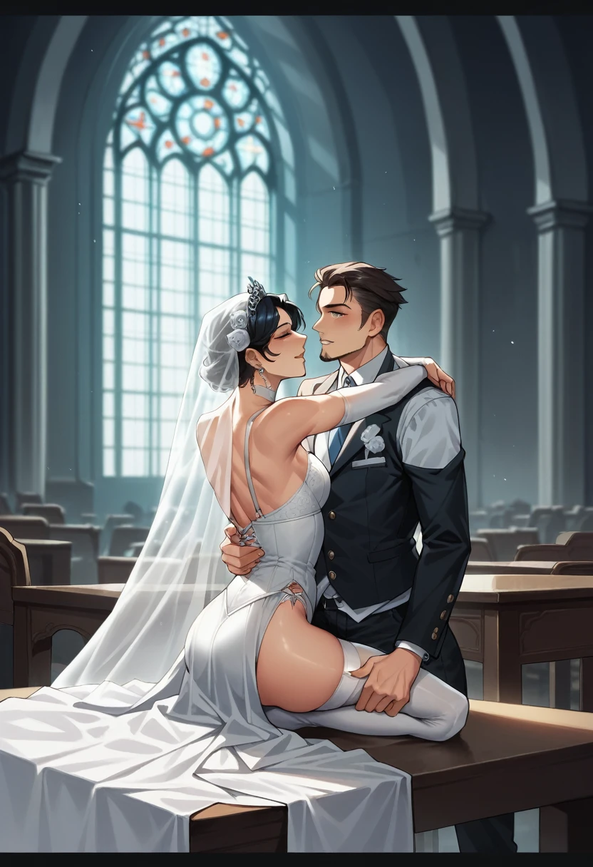 a father （he had been brainwashing by his second son,crossdressing,Sex with his second son every day, wear sexy Wedding lingerie,bride of his second son,have one's first night,,swear live as the wife of his second son for life) ,an empty abandoned church,in front of the confessional table