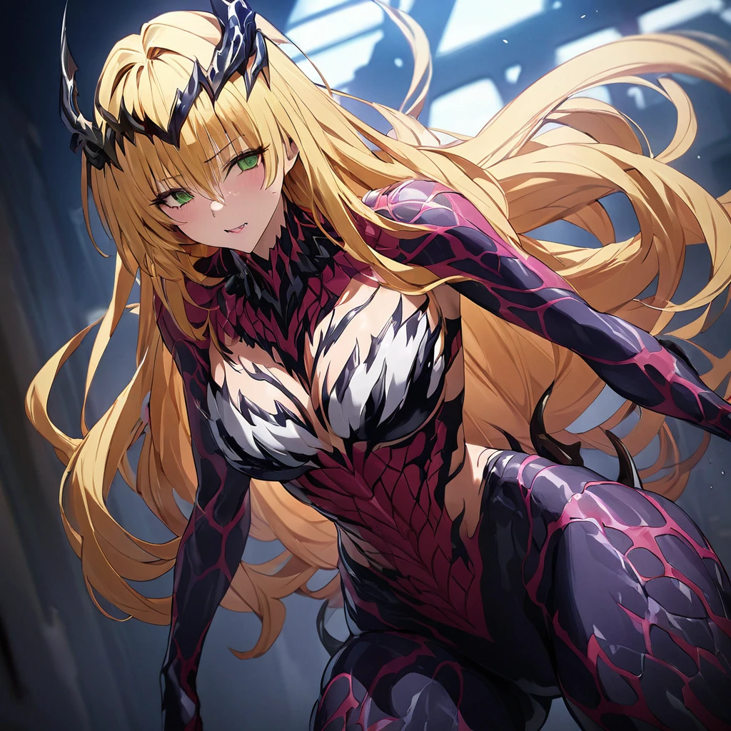 ((Highest quality)), ((masterpiece)), (detailed), （Perfect Face）、The Venom woman is Tearju, a green-eyed, blonde, medium-long-haired female Venom, whose body has been completely transformed into Venom and who is wearing a Venom suit that fits her entire body, including her head, covering her completely, and she has been reborn as the Venom Queen.