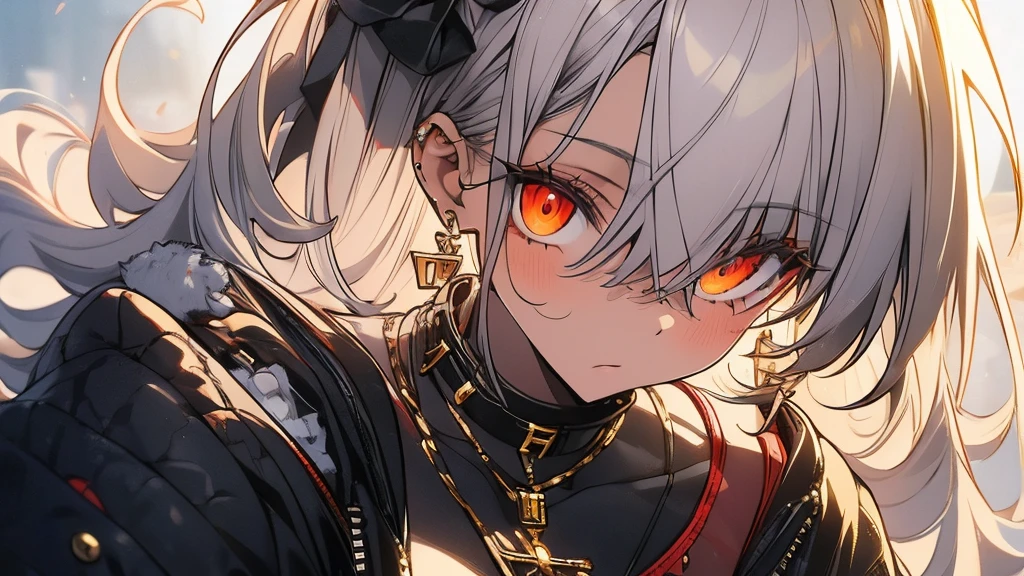 ((Best Quality, Masterpiece, perfect anatomy, detailed picture)), furry, 1woman, pantera, two tone skin, black body, gray fur, sexy, long white hair, ponytail hair, fluffy feline tail, yellow sclera, tribal tattoo, earrings, red blush, shy, in the ruins, portrait, illustration, gold necklace add_detail:1 ,gold bracelet add_detail:1